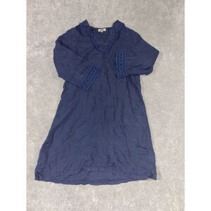 Via Signoria Womens Dress M Shift 100% Linen Boho Lace Made In Italy ToKnee Navy